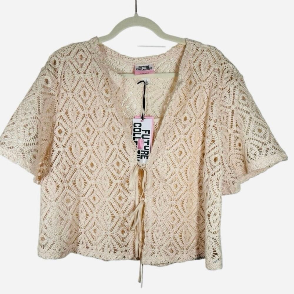 Future Collective with Alani Noelle Women's Short Sleeve Tie-Front Crochet Shirt